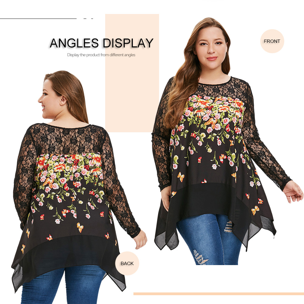 Plus Size Floral Lace Panel Asymmetric Blouse