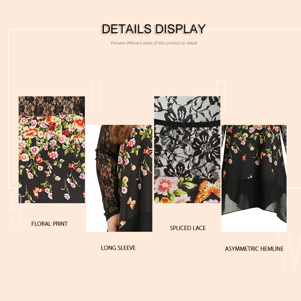 Plus Size Floral Lace Panel Asymmetric Blouse