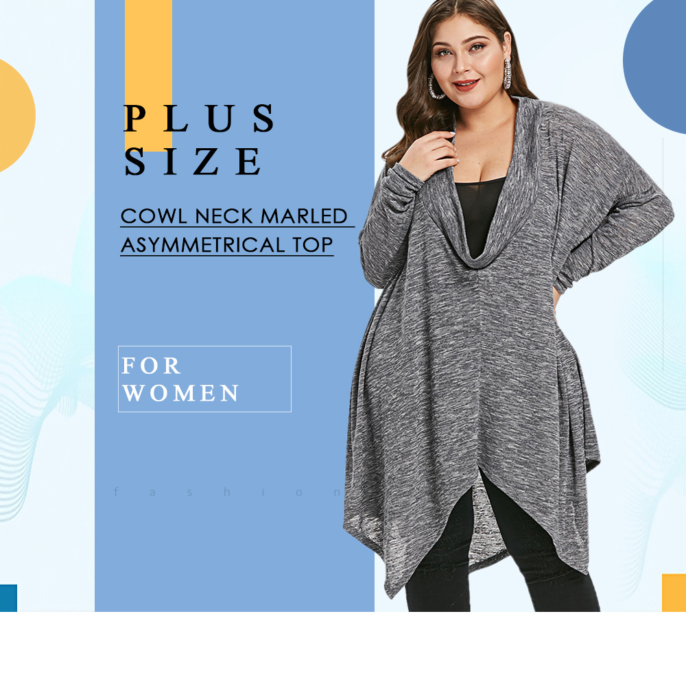 Plus Size Cowl Neck Marled Asymmetrical Top