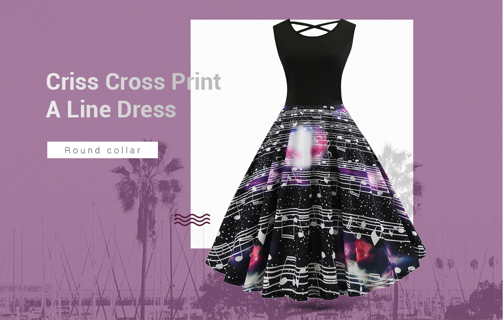 Criss Cross Music Print A Line Dress