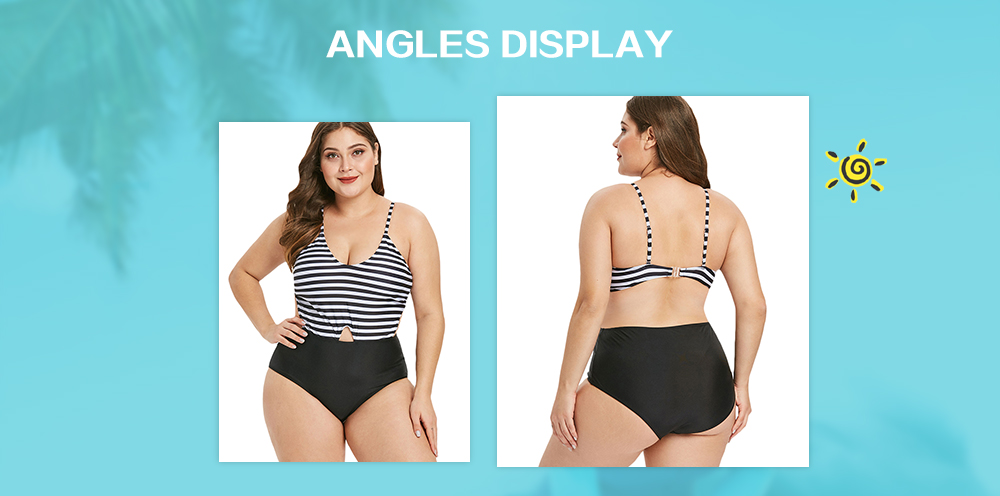Plus Size Cut Out Striped Panel One Piece Swimsuit