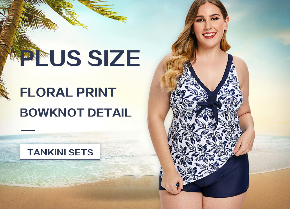 Plus Size Floral Print Bowknot Detail Tankini Set