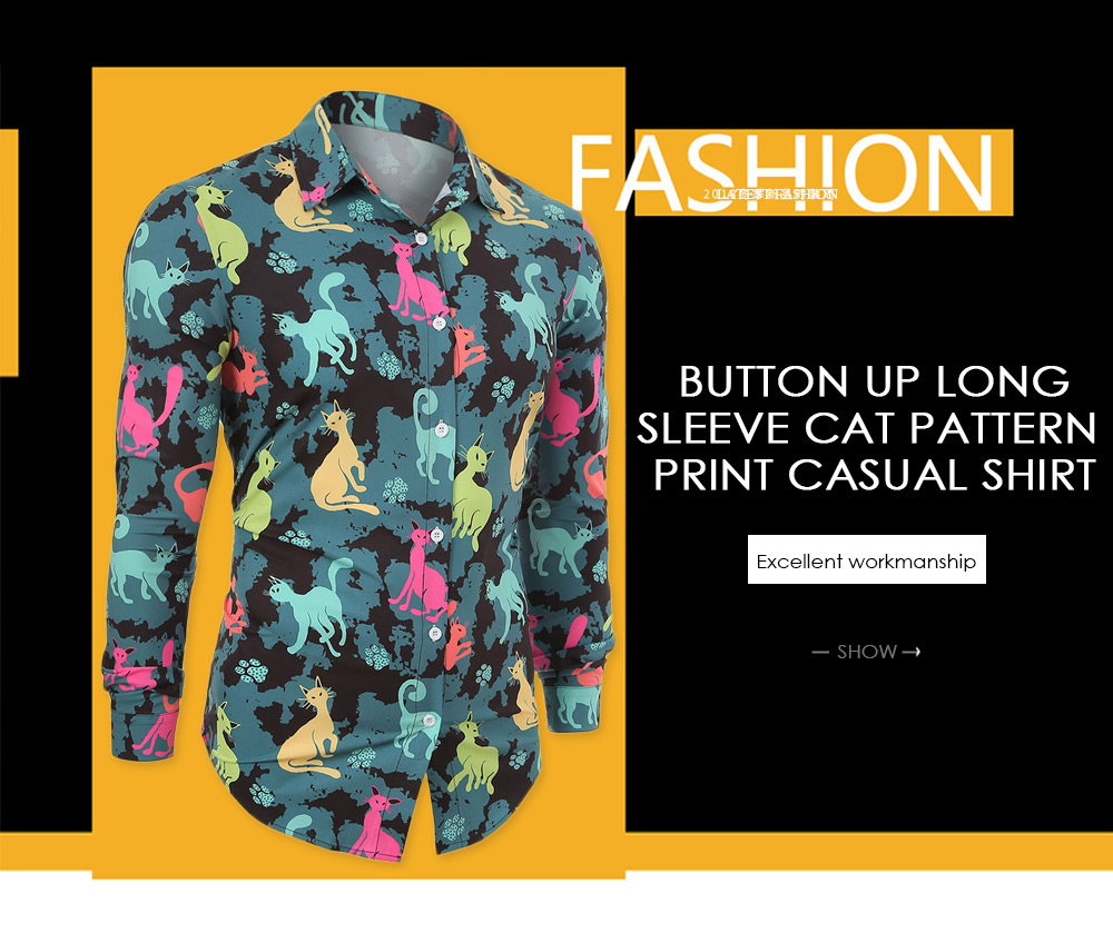 Button Up Cats Print Long Sleeves Casual Shirt
