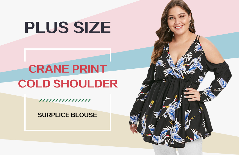 Plus Size Crane Print Cold Shoulder Surplice Blouse
