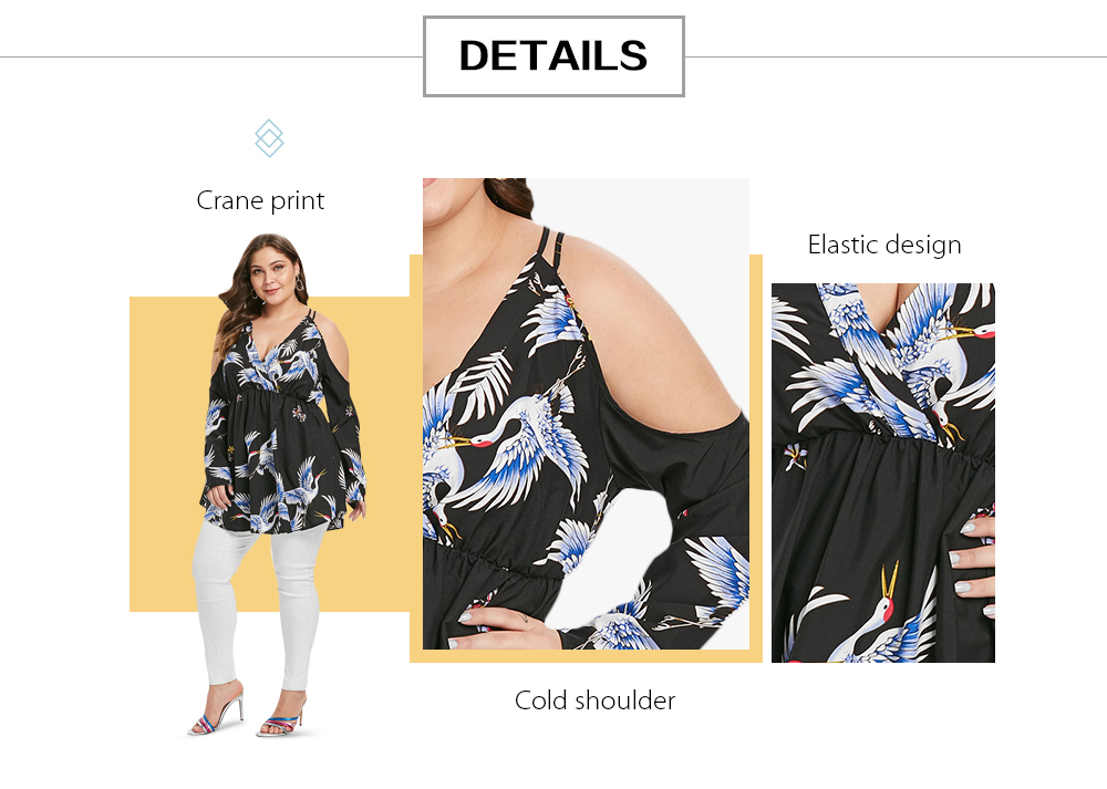 Plus Size Crane Print Cold Shoulder Surplice Blouse