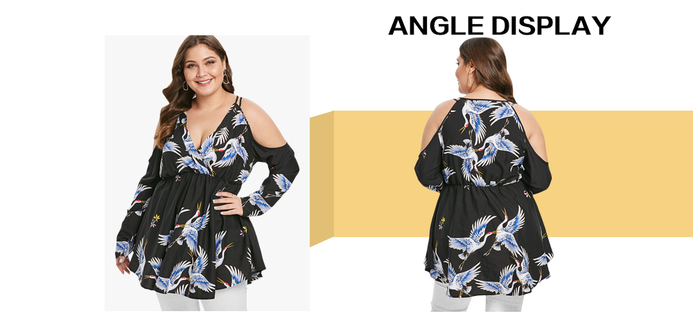 Plus Size Crane Print Cold Shoulder Surplice Blouse