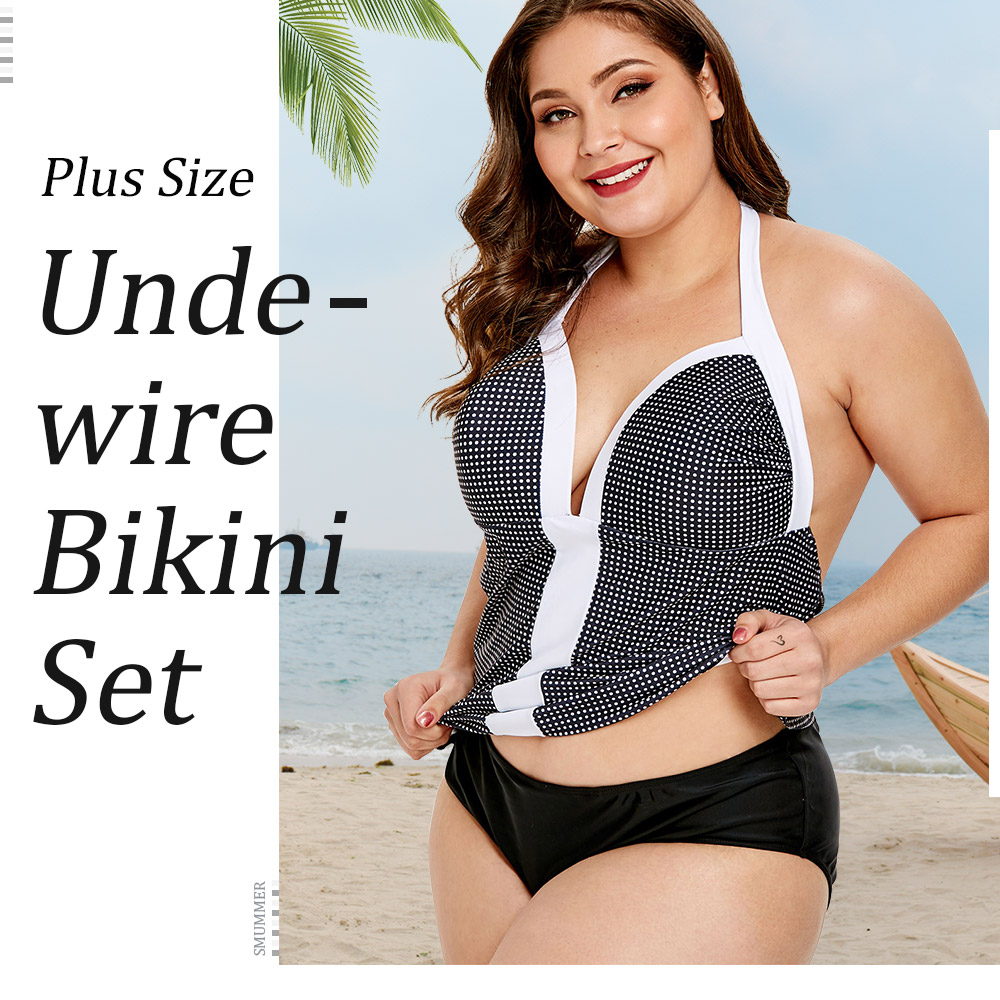 Polka Dot Halter Neck Plus Size Tankini Swimsuit