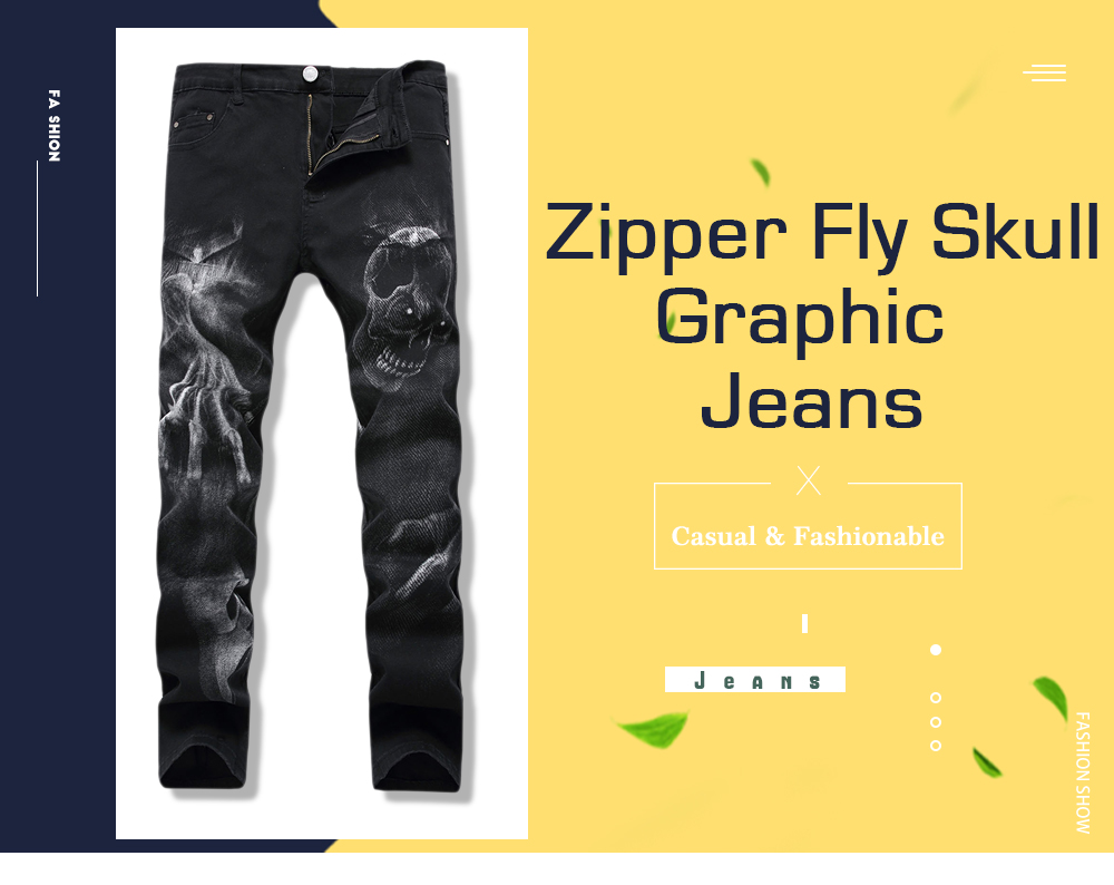 Zipper Fly Skull Graphic Jeans