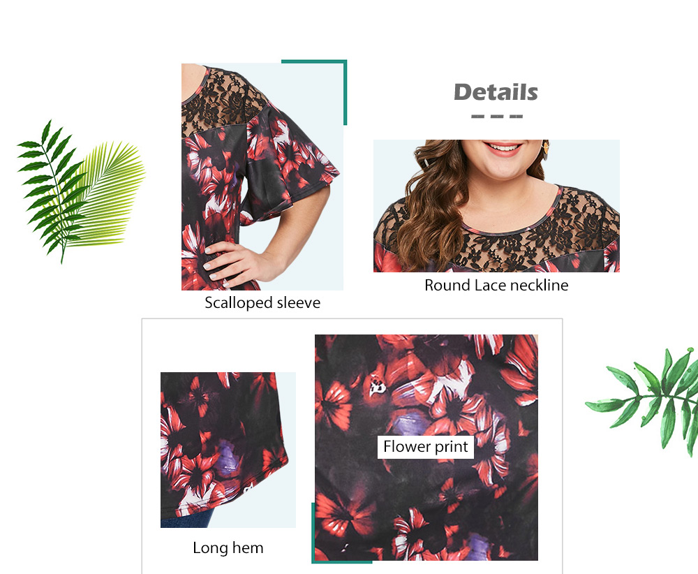 Plus Size Floral Print Lace Panel T-shirt