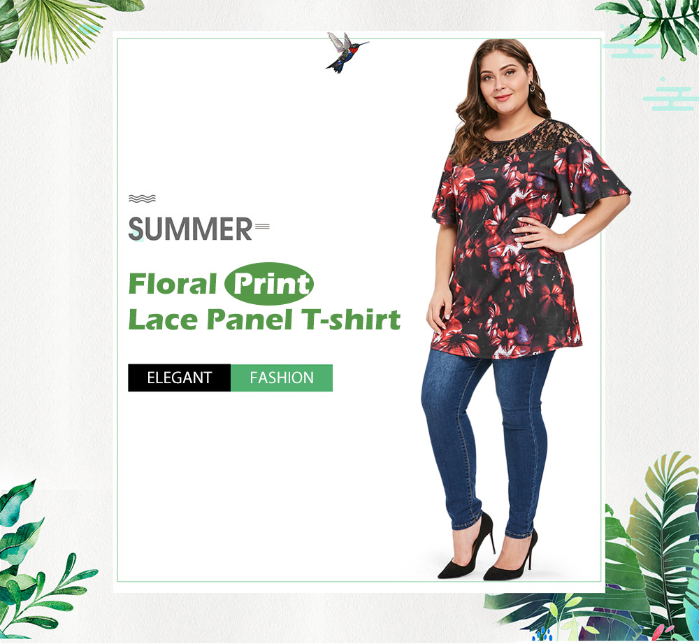 Plus Size Floral Print Lace Panel T-shirt