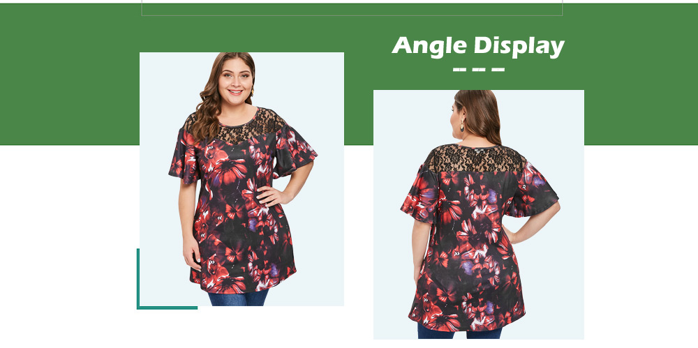 Plus Size Floral Print Lace Panel T-shirt