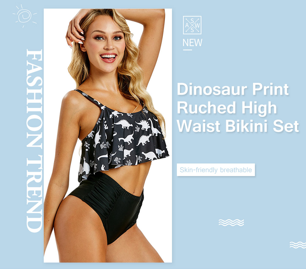 Dinosaur Print Ruched High Waist Bikini Set
