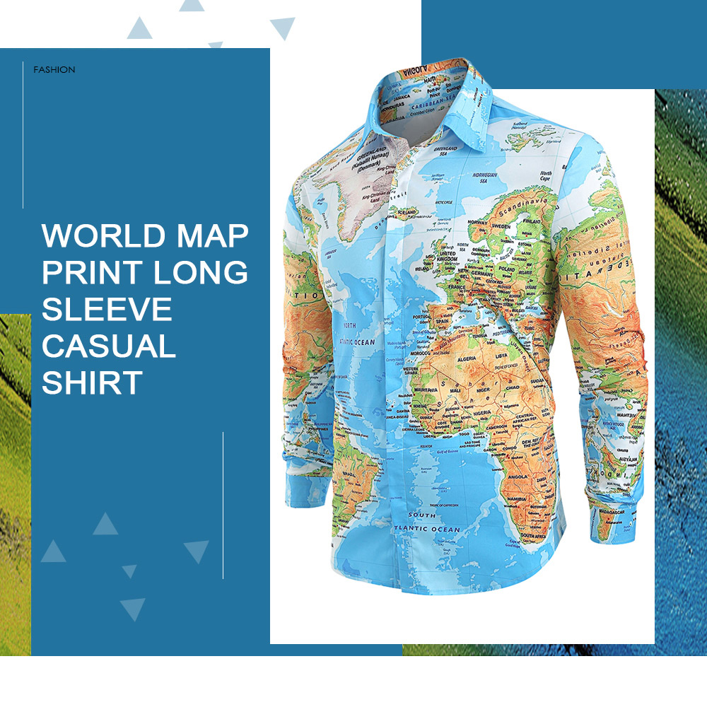 World Map Print Hidden Button Shirt