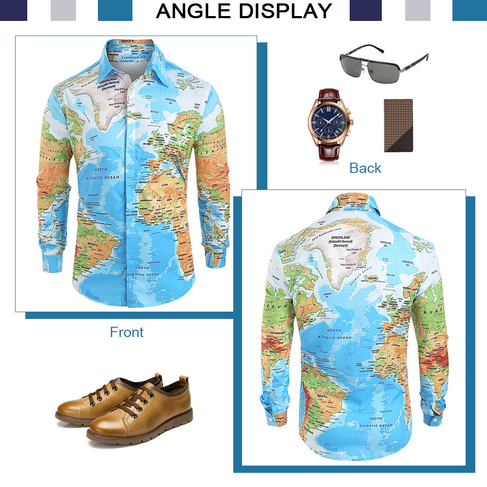 World Map Print Hidden Button Shirt