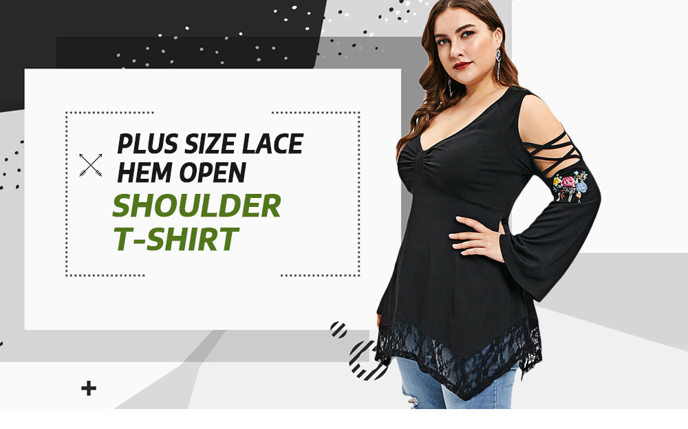 Plus Size Lace Hem Open Shoulder T-shirt