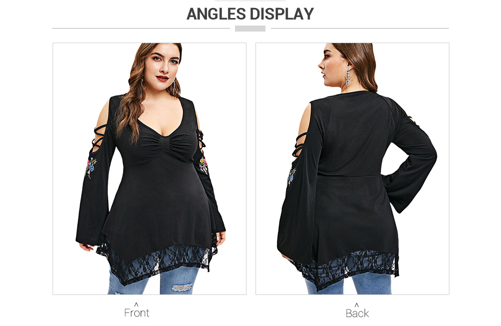 Plus Size Lace Hem Open Shoulder T-shirt