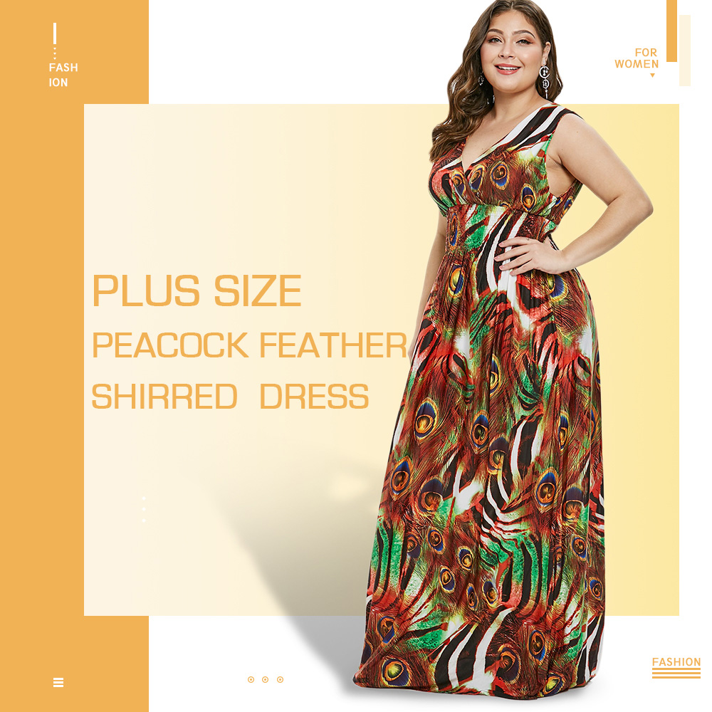 Plus Size Peacock Feather Shirred Dress