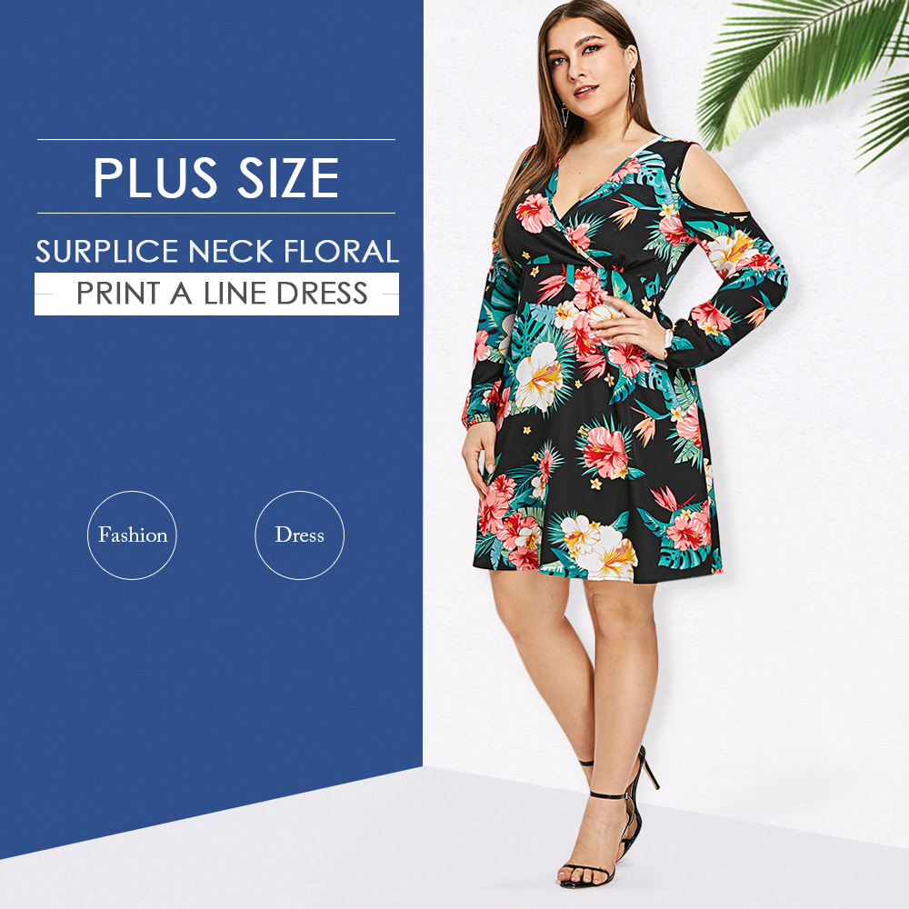 Plus Size Floral Print Cold Shoulder A Line Dress