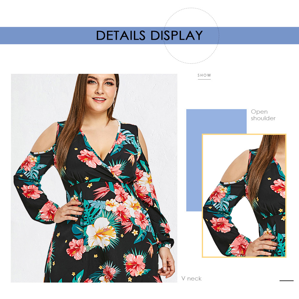 Plus Size Floral Print Cold Shoulder A Line Dress