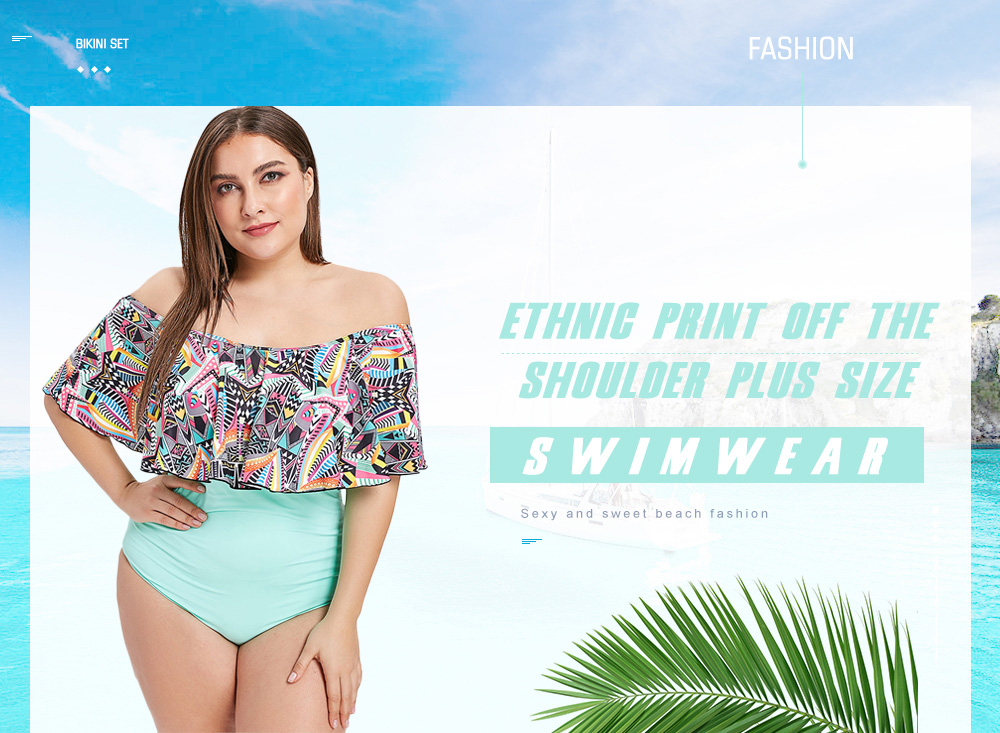 Ethnic Print Off The Shoulder Plus Size Swimwear