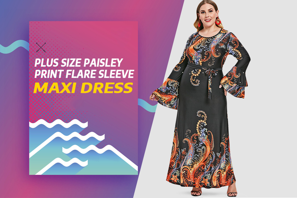Plus Size Paisley Print Flare Sleeve Maxi Dress