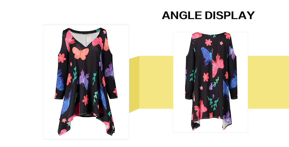 Plus Size Open Shoulder Butterfly Print T-shirt