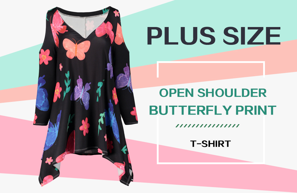 Plus Size Open Shoulder Butterfly Print T-shirt