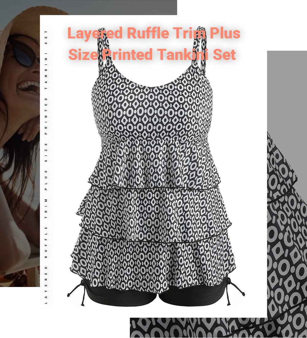 Plus Size Layered Ruffle Trim Printed Tankini Set