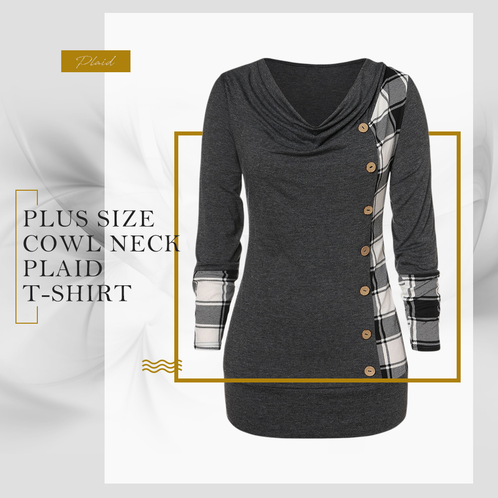 Plus Size Cowl Neck Plaid T-shirt