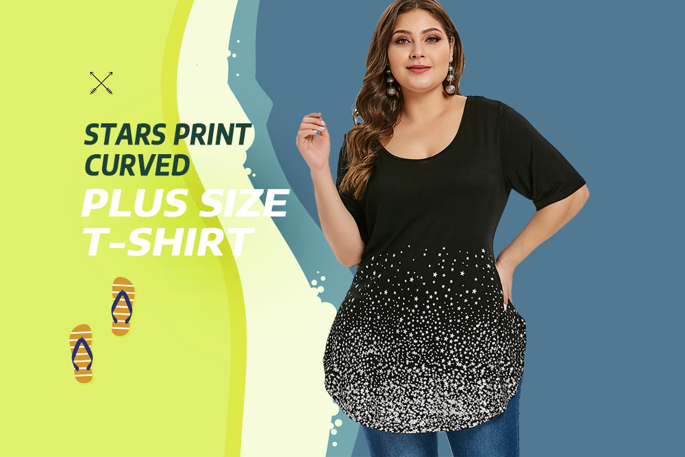 Plus Size Stars Print Curved T-shirt