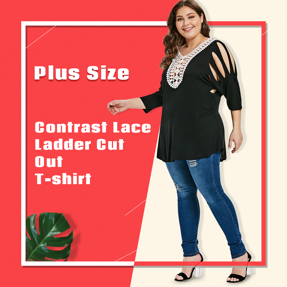 Plus Size Lace Insert Ladder Cut Out T-shirt