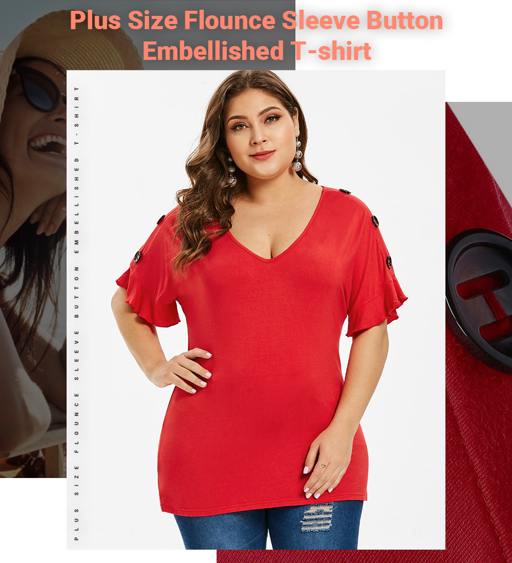 Plus Size Flounce Sleeve Button Embellished T-shirt