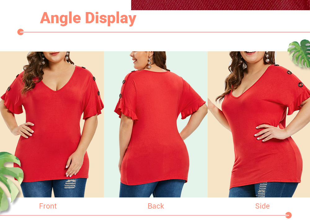 Plus Size Flounce Sleeve Button Embellished T-shirt
