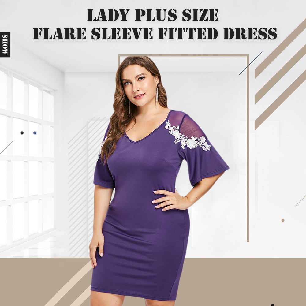 Plus Size Appliqued Bell Sleeve Fitted Dress