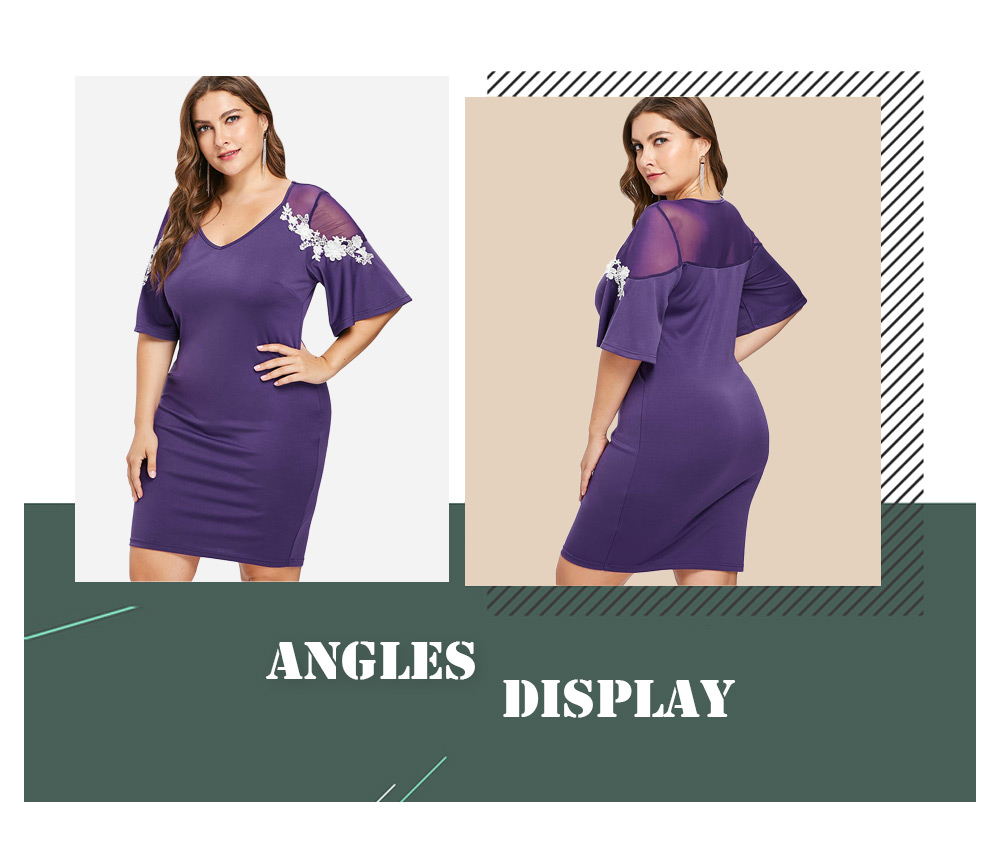 Plus Size Appliqued Bell Sleeve Fitted Dress