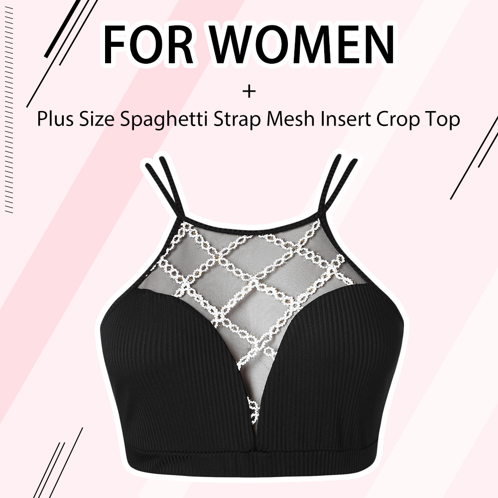 Plus Size Spaghetti Strap Mesh Insert Crop Top