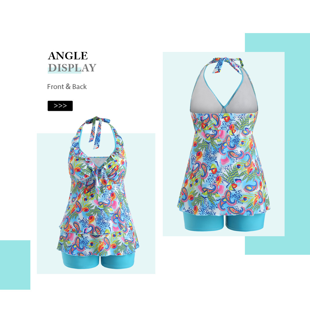 Plus Size Ruffle Trim Printed Tankini Set