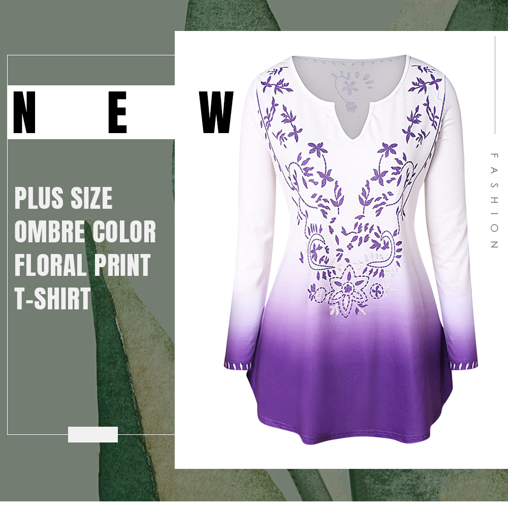 Plus Size Ombre Color Floral Print T-shirt