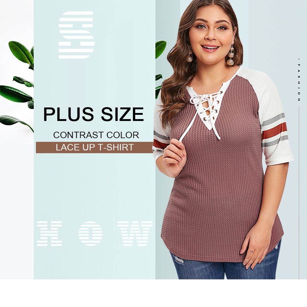 Plus Size Contrast Color Lace Up T-shirt