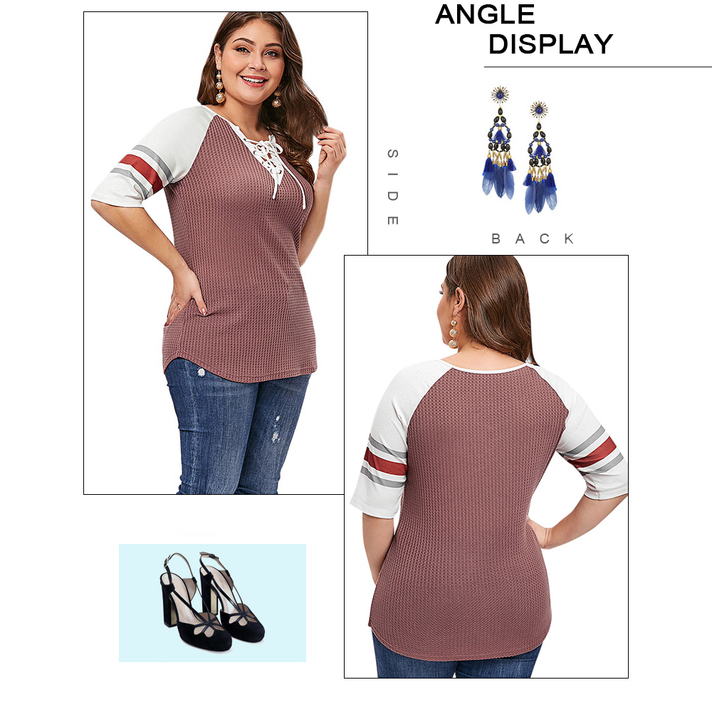 Plus Size Contrast Color Lace Up T-shirt