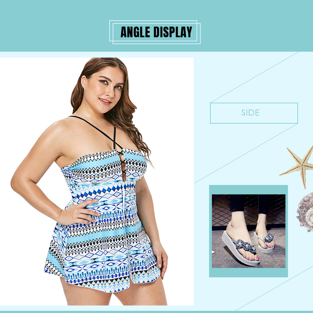 Plus Size Geometric Pattern Criss Cross Tankini Set