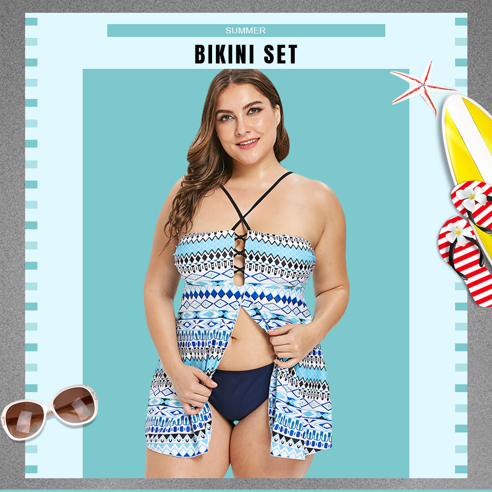 Plus Size Geometric Pattern Criss Cross Tankini Set