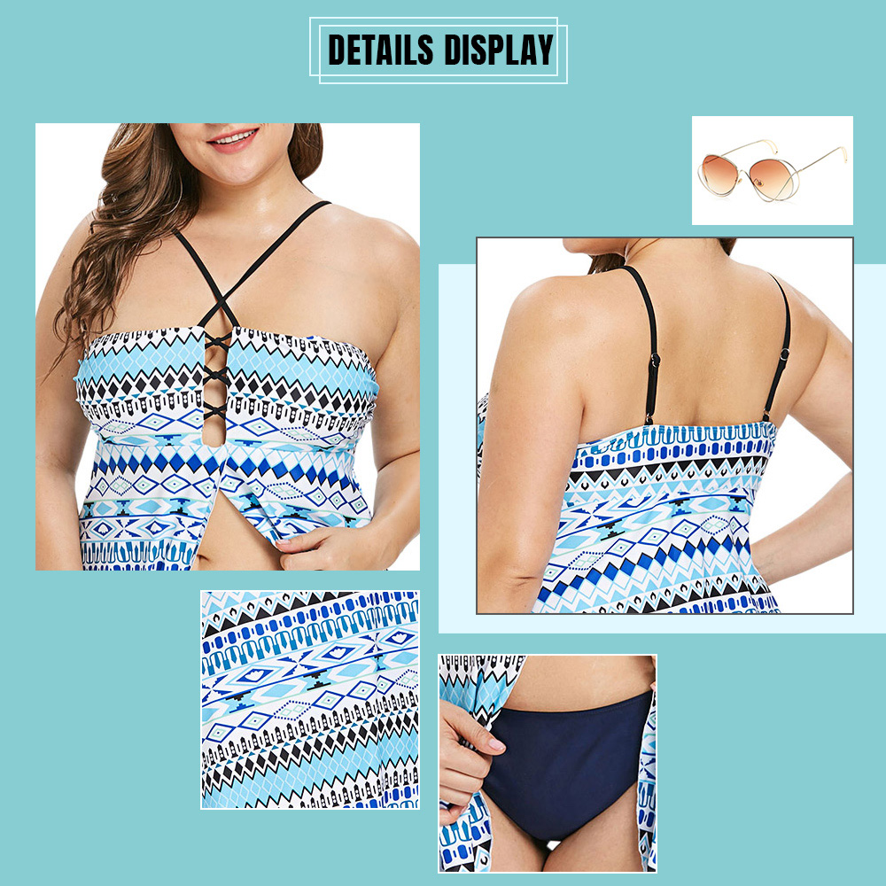 Plus Size Geometric Pattern Criss Cross Tankini Set