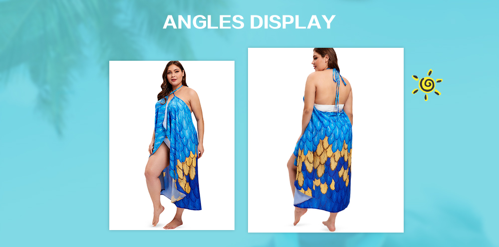Feather Print Halter Neck Plus Size Cover Up