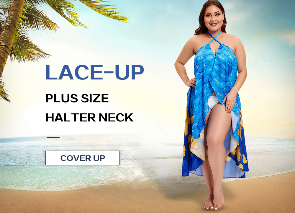Feather Print Halter Neck Plus Size Cover Up