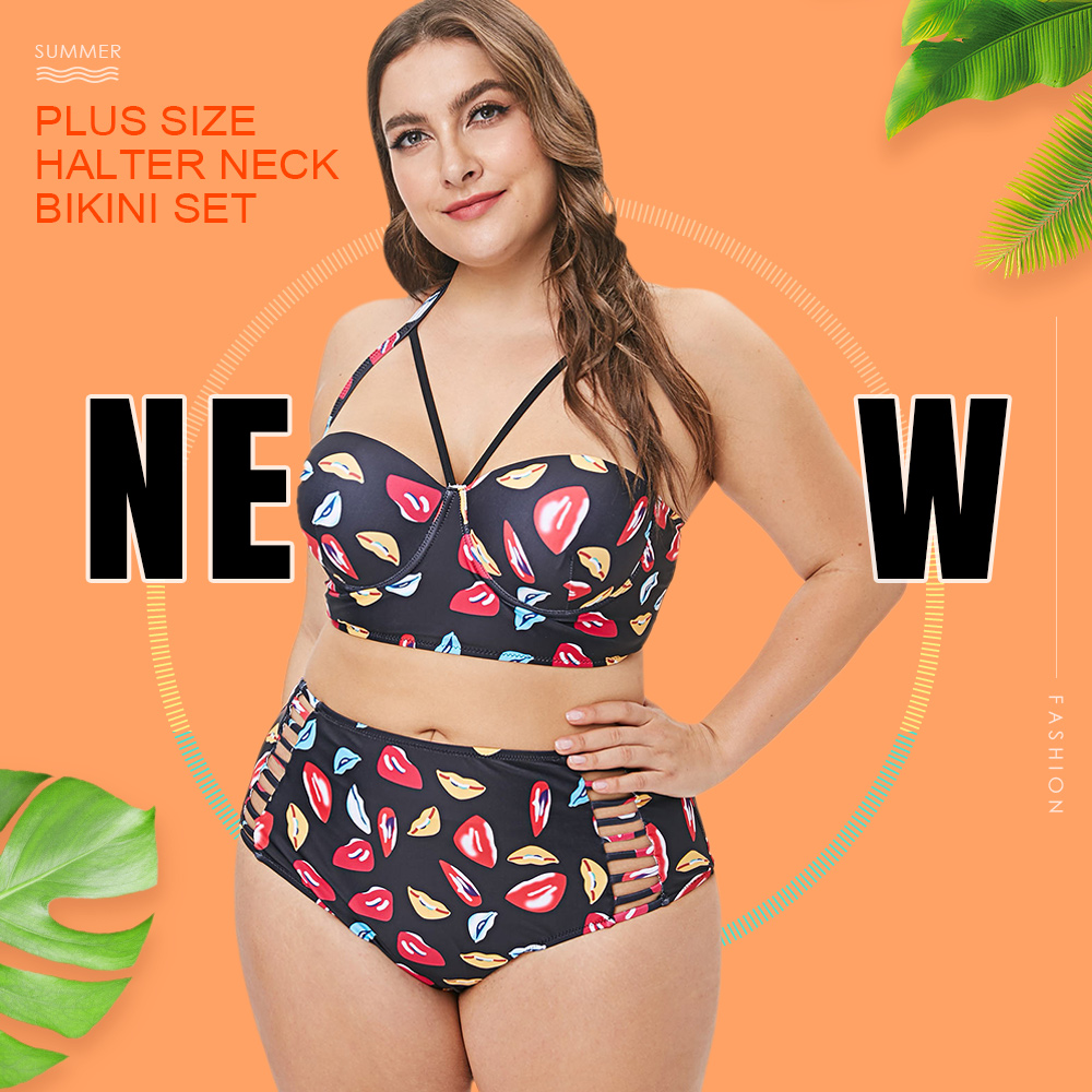 Lip Print Plus Size Halter Neck Bikini Set