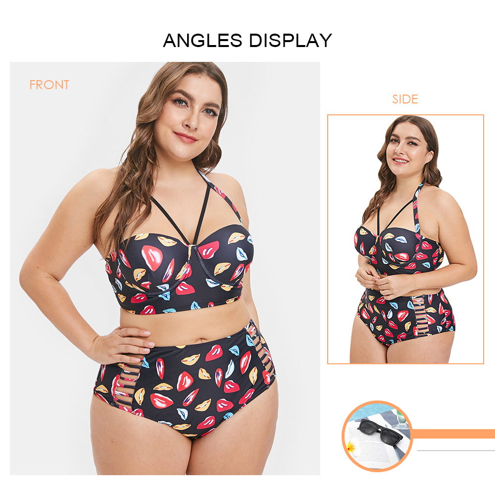 Lip Print Plus Size Halter Neck Bikini Set