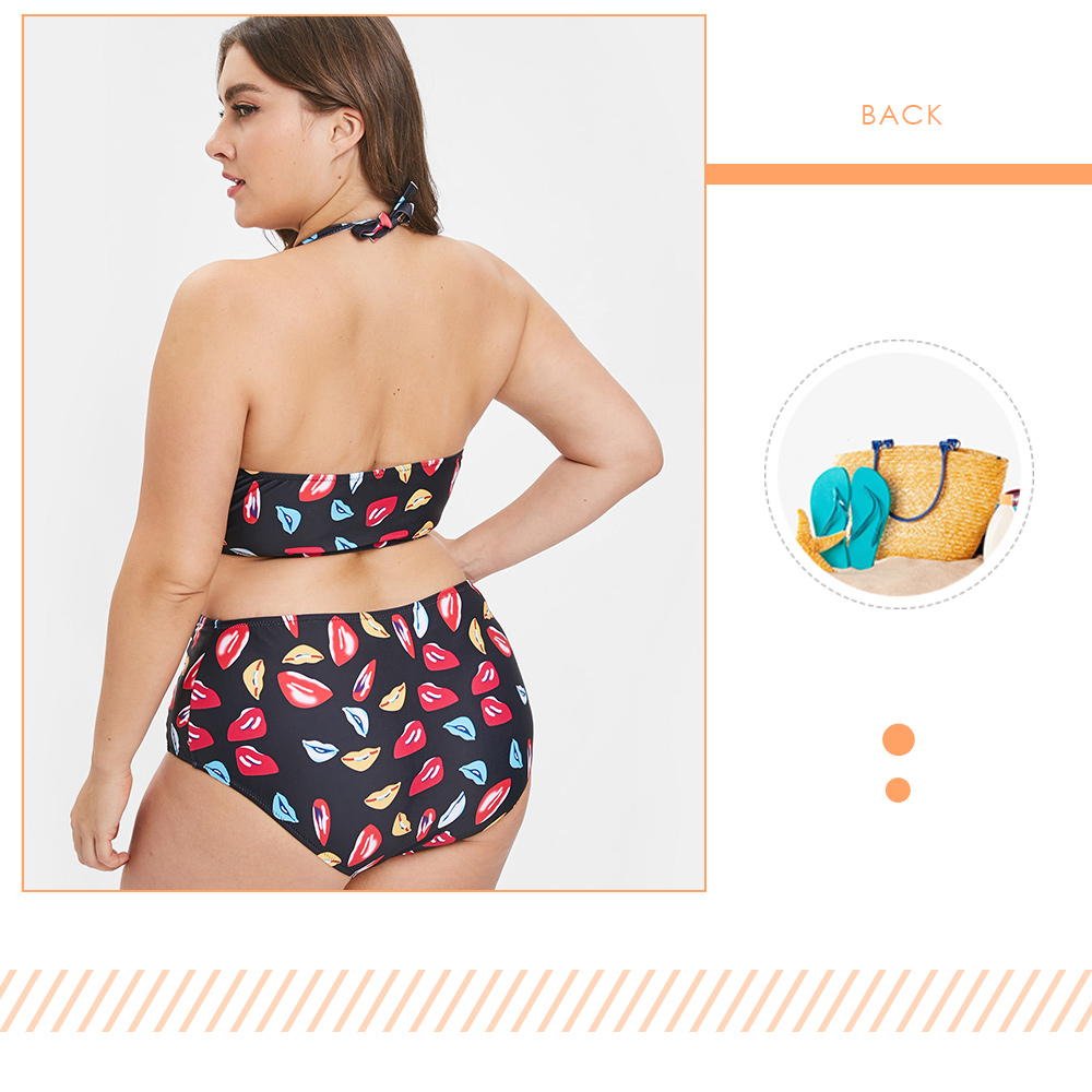 Lip Print Plus Size Halter Neck Bikini Set