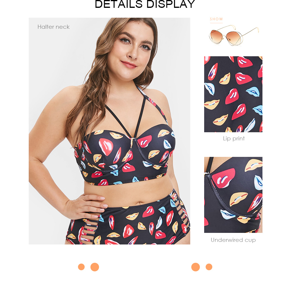 Lip Print Plus Size Halter Neck Bikini Set