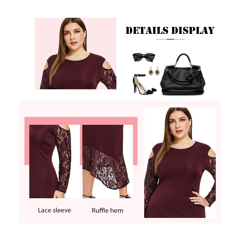 Plus Size Lace Ruffle Hem Round Neck Bodycon Dress